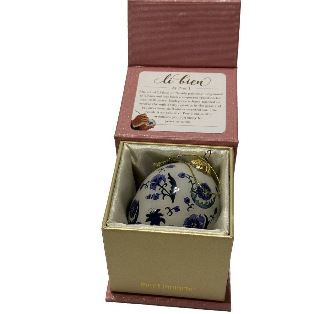 Pier One Li Bien Blue Easter Christmas Egg Hand Painted Glass Ornament Floral